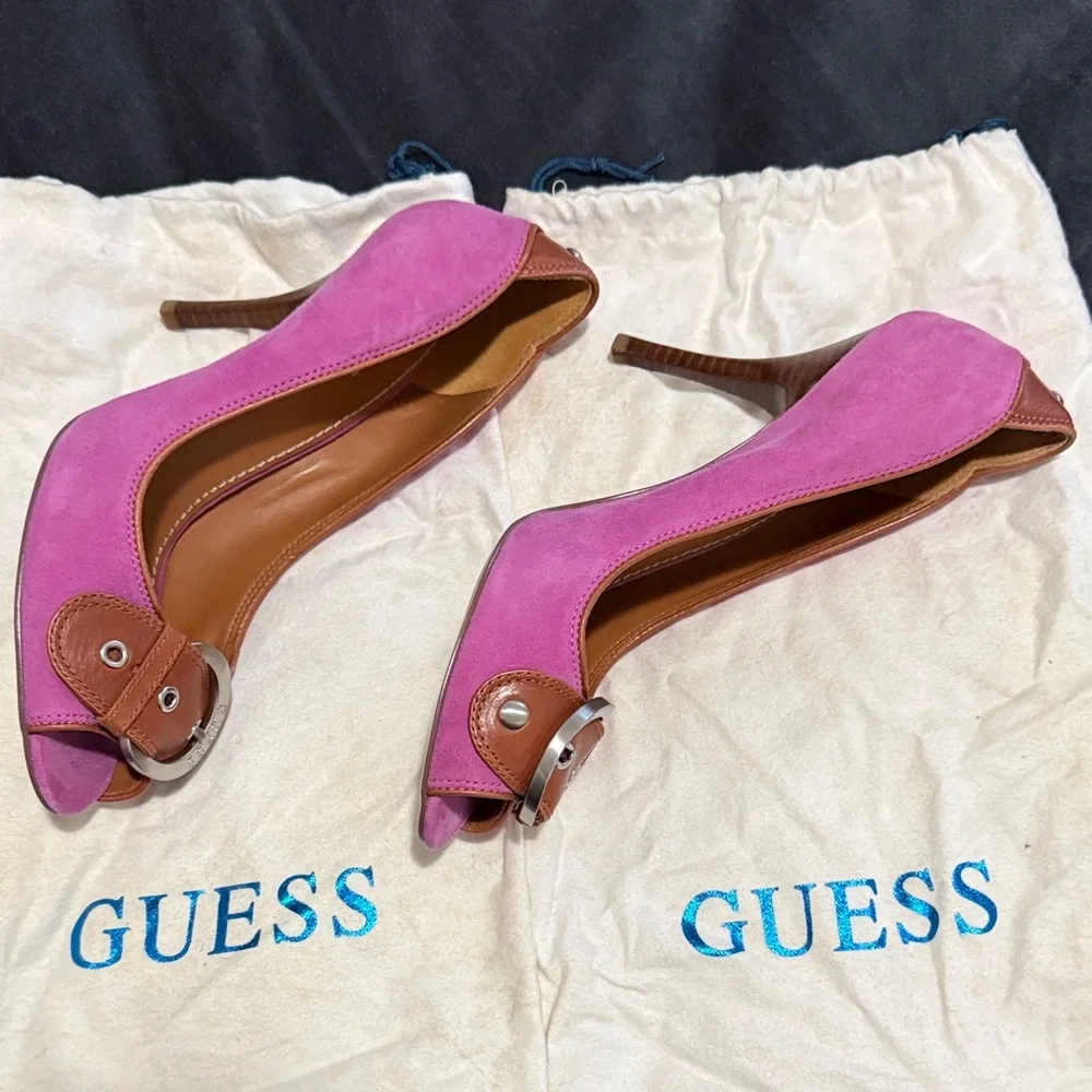 Guess Chic Pink and Brown Peep Toe Heels - Picture 2 of 7